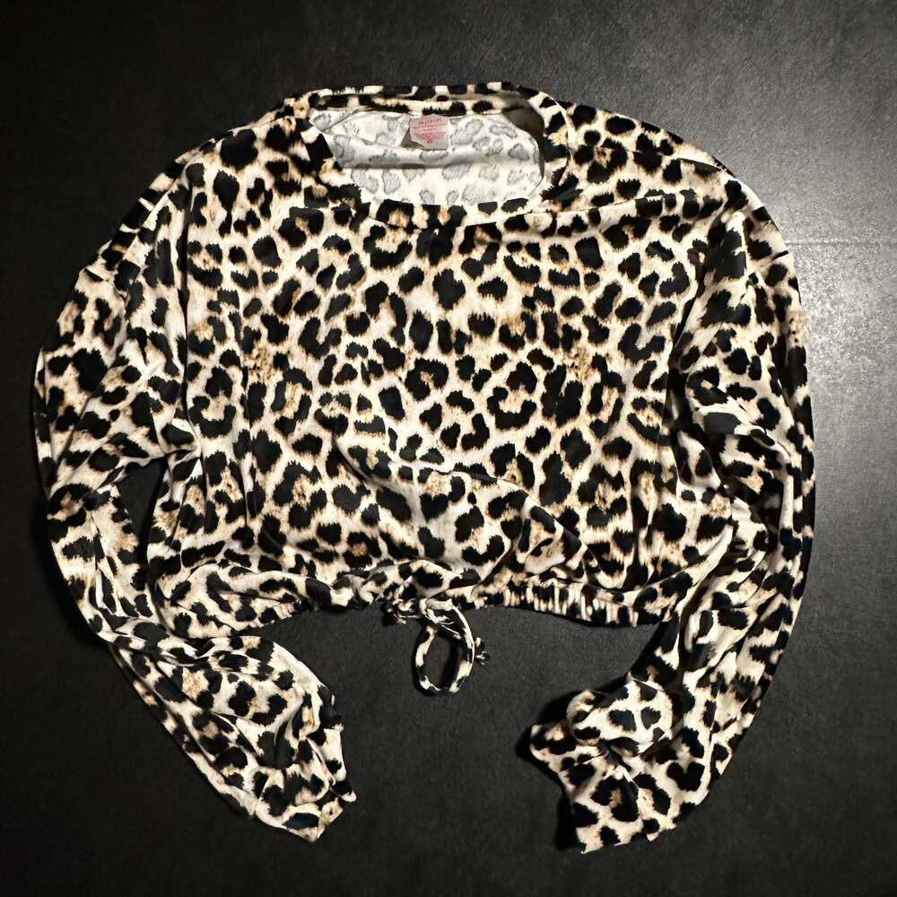 No Boundaries Leopard Print Long Sleeve Crop Top with Tie Front